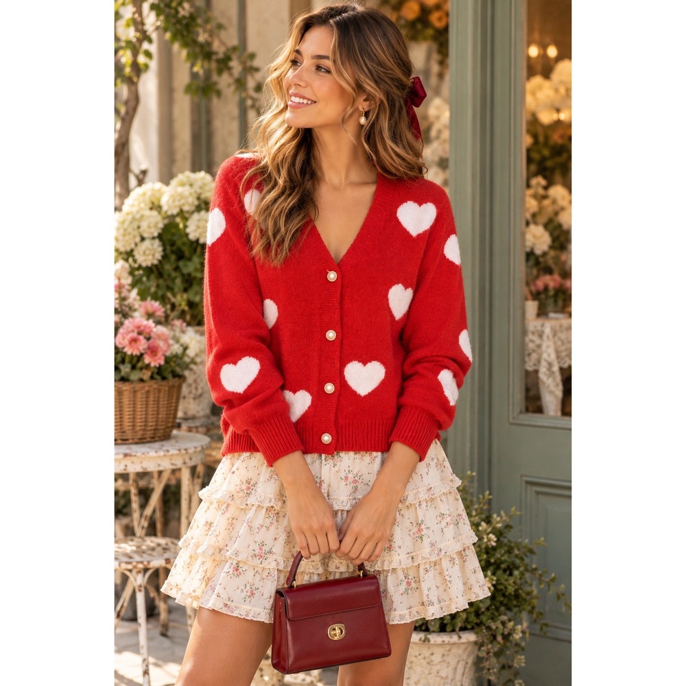 Nanette NANETTE LEPORE Red White Heart Pearl Button Cardigan Sweater Small